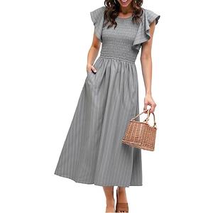 Simplee Womens Striped Midi Summer Dress Smocked Flutter Short Sleeve Dress 2025 Flowy Casual Dress with Pockets (Small, Gray )