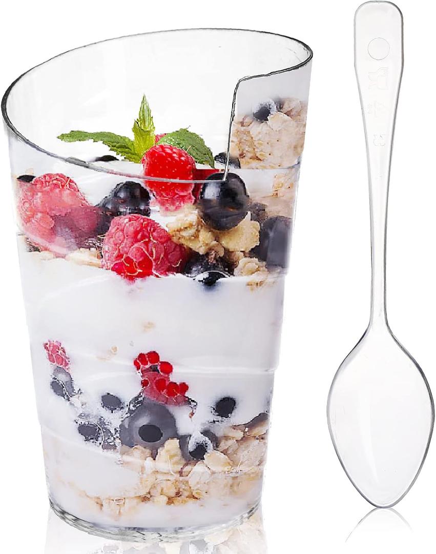 Fasmov 100 Pack 2 Oz Mini Dessert Cups with 100 Spoons, Clear Plastic Parfait Appetizer Cup for Tasting Party Desserts Appetizers