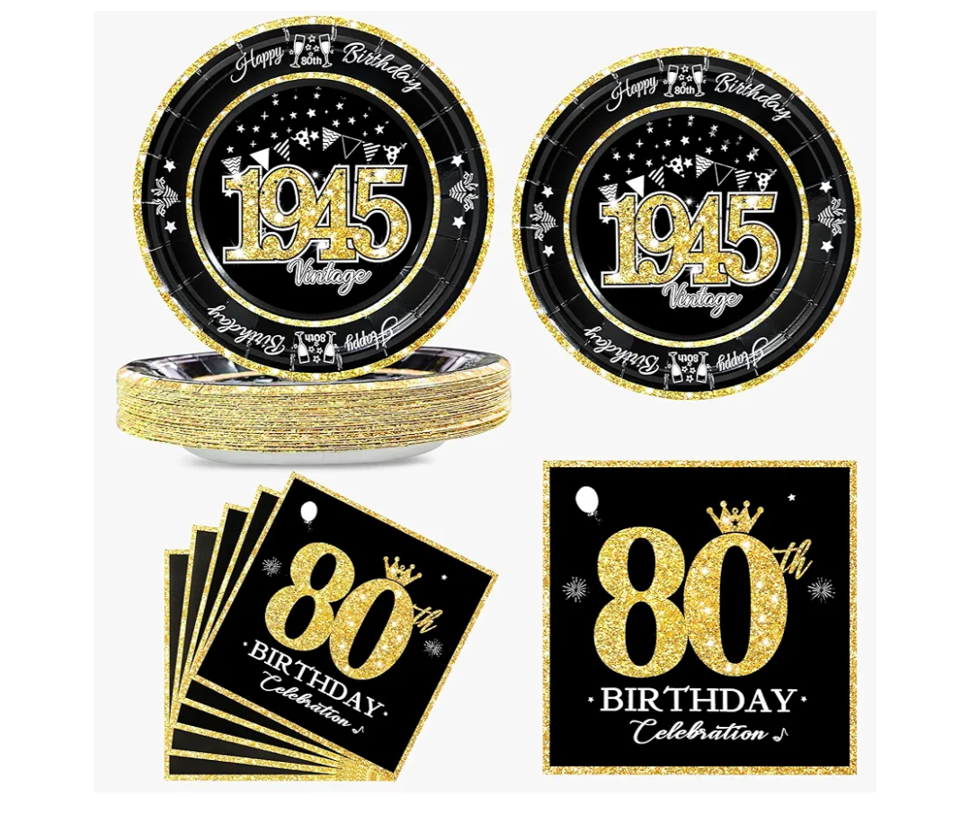 60 PCS Vintage 80th Birthday Plates and Napkins Set, 80th Birthday Decorations Black and Gold, Service for 30, 1945 Birthday Dessert Plates and Napkins Party Supplies for Men Women