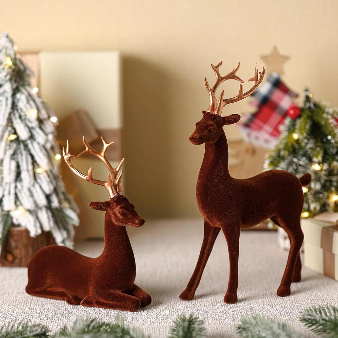Bucherry 2 Pack Velvet Reindeer Christmas Decorations Flocking Christmas Reindeer Figurines Tabletop Deer Statues Decor for Table Mantel Farmhouse Xmas Winter Holiday Decor Gift (Brown)