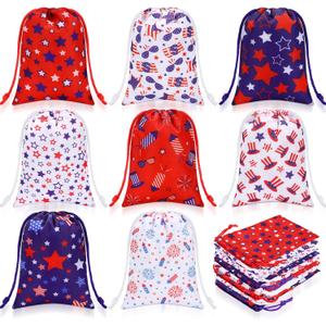 Qunclay 24 Pcs Patriotic Gift Bags 4th of July Drawstring Bags Independence Day Party Favor Bags American Flag Patriotic Stars Candy Goodie Treat Bag for Independence Day Memorial Day Veterans Day