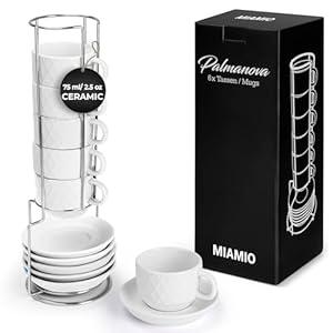 MIAMIO - 6 x 2.5 oz Stoneware Espresso Mug, Cup Set Modern with Stand and Saucers - Palmanova Collection (White) 