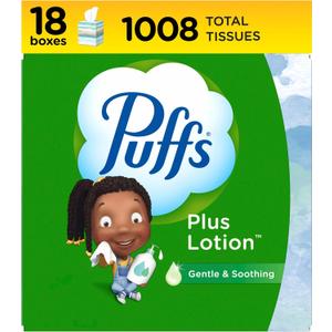 Puffs Plus Lotion Facial Tissue, 18 Cubes, 56 Tissues per Box, Allergies and Colds