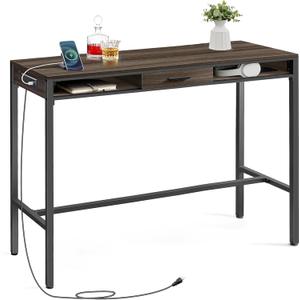 VASAGLE Bar Table with Power Outlets, 47.2 Inches Long Bar Height Pub Table, Rectangular High Top, with Movable Drawer, 2 Hooks, Narrow Storage for Kitchen, Dining, Entryway, Ash Brown