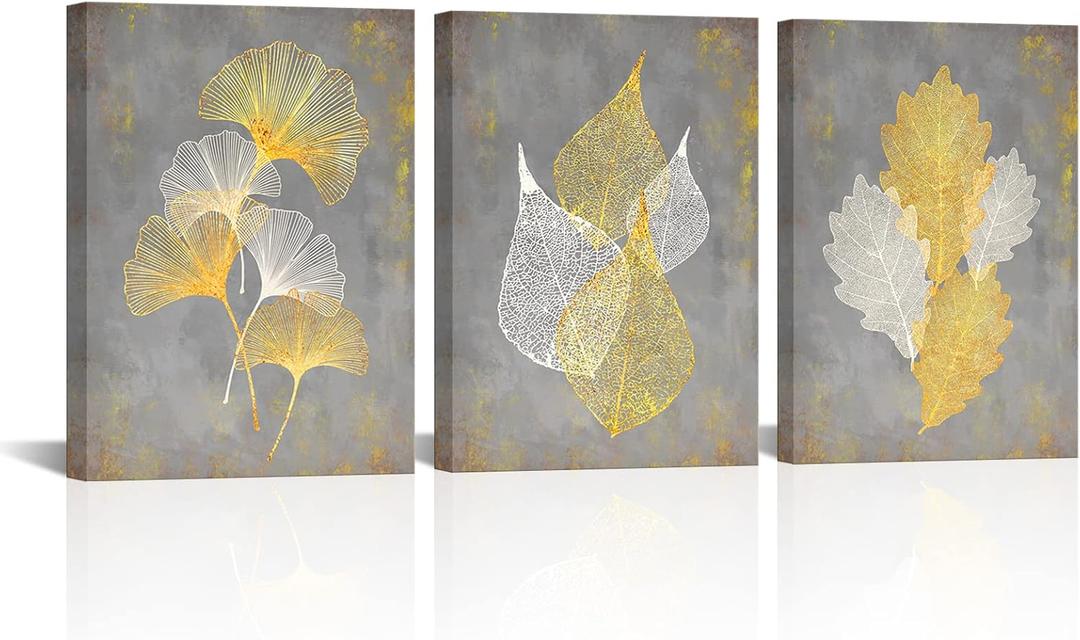 Conipit Grey and Yellow Canvas Wall Art Abstract Leaf Painting Botanical Pictures Minimalist Artwork Prints for Office Bedroom (12''X16''X3PCS)