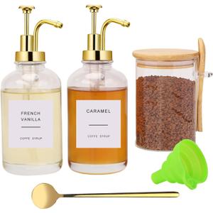 Coffee Bar Accessories, Coffee Syrup Dispenser-2 Pcs16.9 oz, Syrup Pump Dispenser for Coffee Bar, with Glass Bamboo Lid Jar with Spoon, Gold Pump Syrup Dispenser with Labels