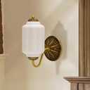 Vintage Mike White Glass Wall Sconce - Milk Glass Shade Antique Brass Indoor Wall Light for Bedroom, Living Room, and Hallway
