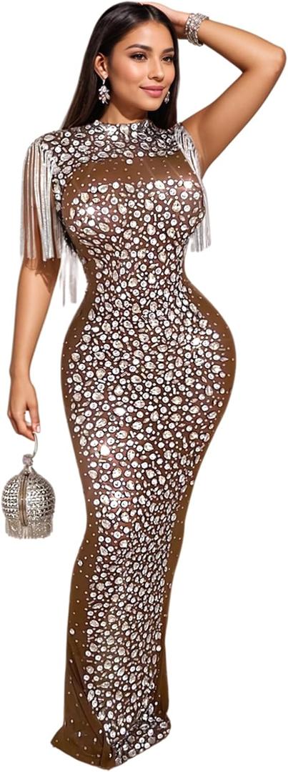 Women Sexy Elegant Rhinestone Mesh See Through Party Club Night Split Bodycon Formal Maxi Dress (Large, 535 Brown)