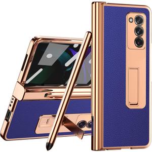 Miimall Compatible for Samsung Galaxy Z Fold 2 Case with S Pen, Stylus Pen with Pen Holder+Screen Cover+Alloy Kickstand+ Leather Pattern Plating All-Inclusive Hinge Protection Case for Fold 2 (Blue)