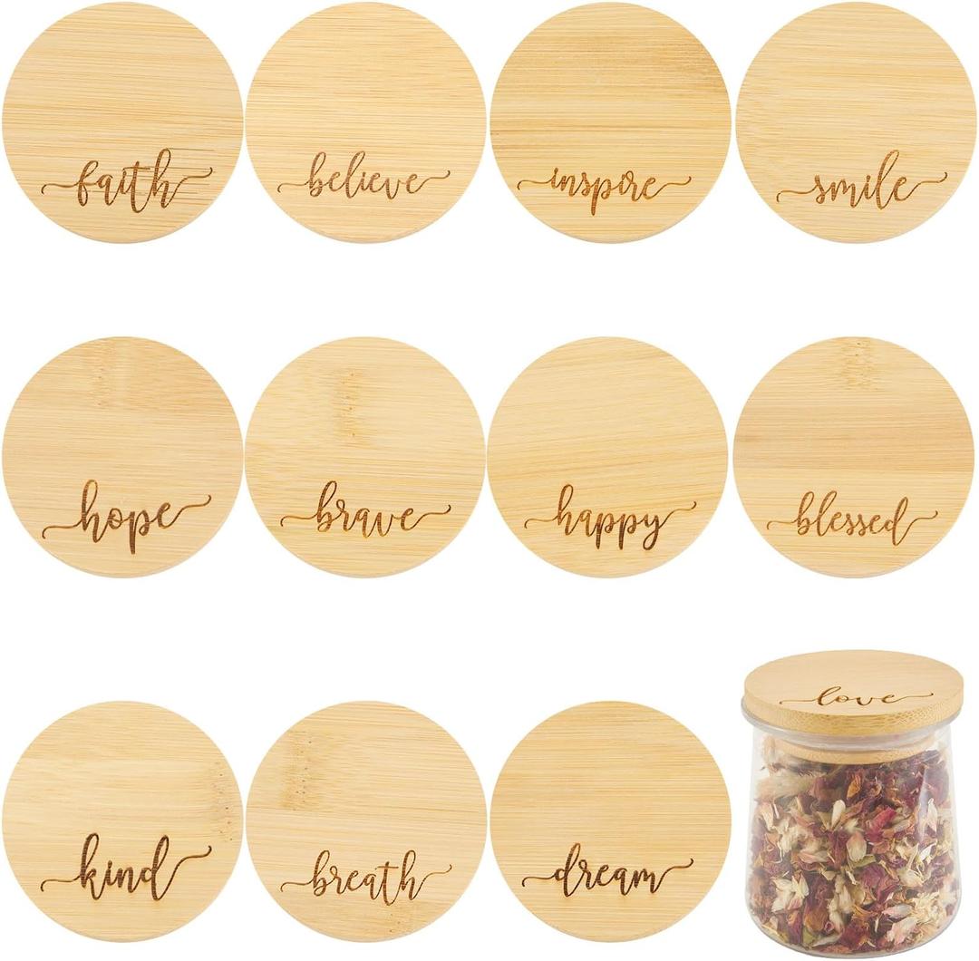 Tessco for you 12 Pieces Yogurt Jar Lids Inspirational Yogurt Bamboo Lids Set with Silicone Sealing Compatible with Oui Jars, Smile Happy Kind Plant(Inspiration Words)