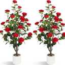 Artificial Camellia Tree 2 Pack  40'' Realistic Fake Potted Plant with 30 Red Flowers, Lifelike Faux Camellia Trees for Home, Living Room, Patio, Wedding, Event Decoration