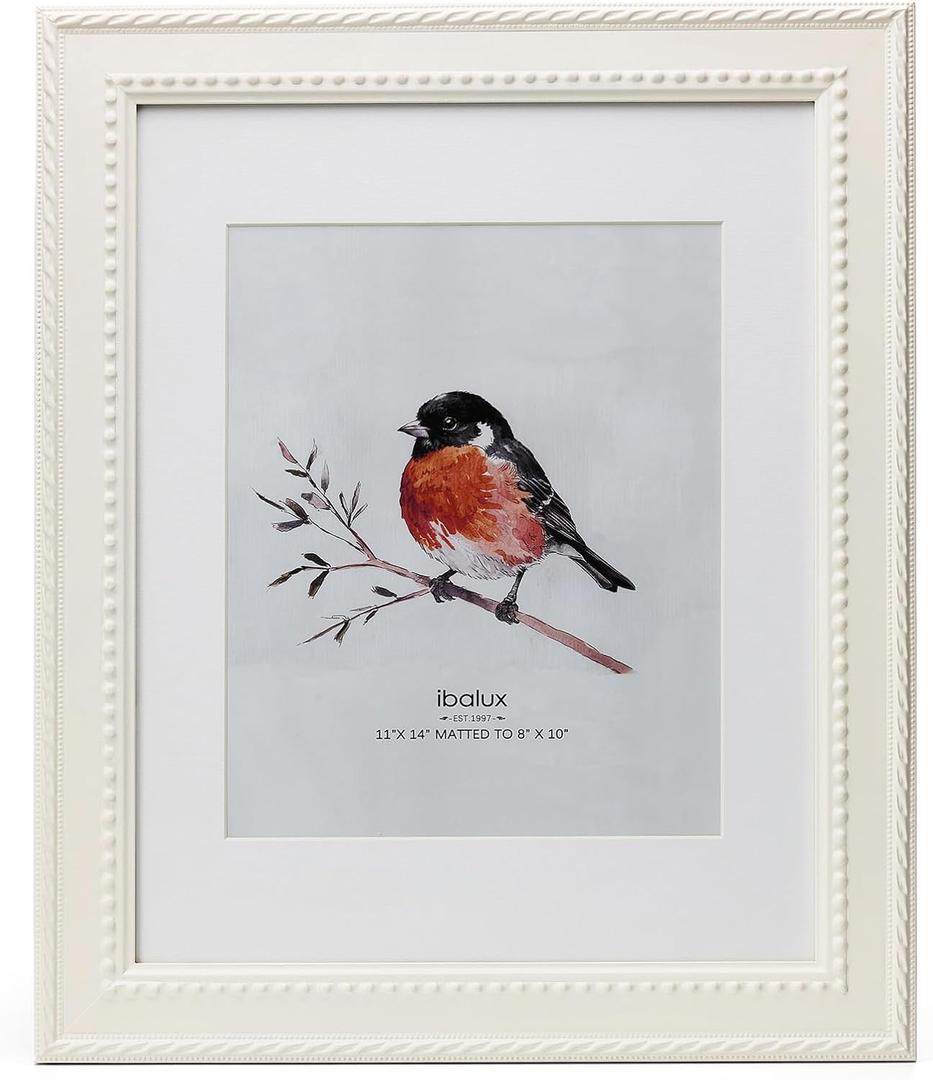 11x14 Picture Frame Photo Frame, Made of Solid MDF Wood with Real Glass, Display Picture 8x10 with Mat or 11x14 without Mat, Vertical and Horizontal for Wall Hanging, White Classic Beaded Frame