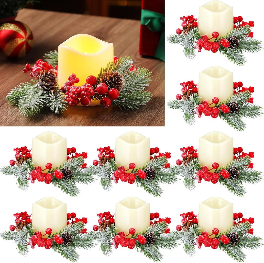 Quelay 24 Pcs Christmas Candle Rings Wreaths Berry Pillar Garland Candle Ring Holder Christmas Table Centerpiece Decor for Xmas Pinecone Holiday Festival Kitchen Cabinet Wreaths Hanging Decor