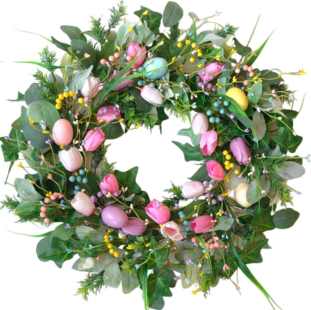 Bibelot 24 Inch Easter Wreath for Front Door, Tulip Easter Egg Wreath with Colorful Berries, Spring Floral Wreaths for Home Wall Window Farmhouse Decor