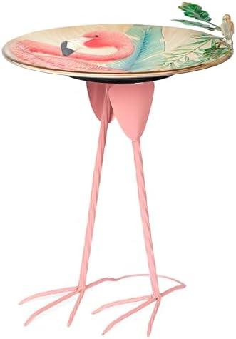 Alpine Corporation ORS876 Outdoor Metal Birdbath w/ Stylish Stand, Flamingo Pattern Birdbath Bowl and Stand, 23"H, Pink/Blue