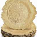 WUWEOT 12 Pack Gold Charger Plates, 13" Round Plastic Reef Plate Chargers with Flora Reef Design for Wedding Dinner Party Decoration