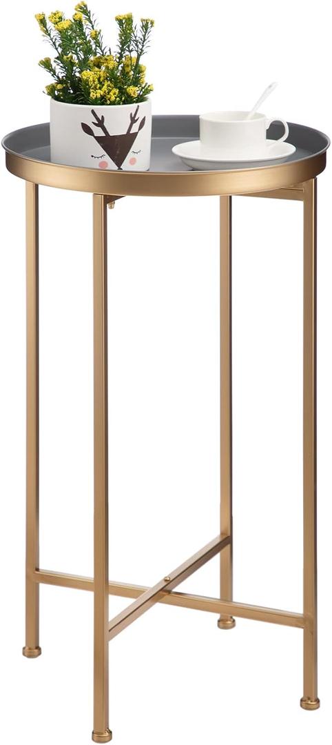 HollyHOME Small Round Metal Waterproof End Table, Accent Indoor&Outdoor Coffee Side Table, Snack Sofa Table for Living Room, Anti-Rust Decorative Plant Stand, (D) 14.5" x (H) 25", Gold/Grey