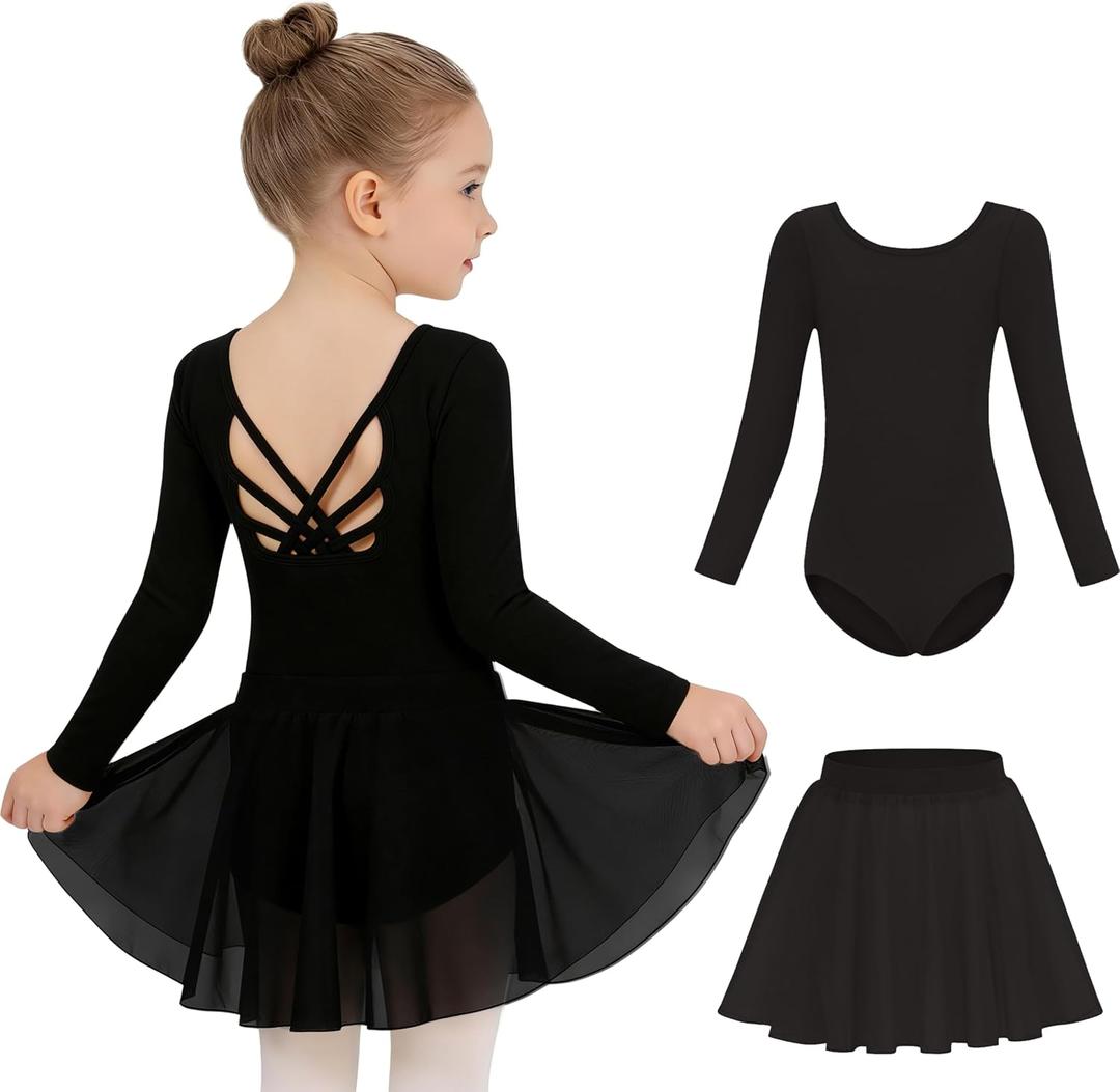 MdnMd Long Sleeve Dance Ballet Leotards for Girls Toddler Skirt Combo Ballerina Dresses Outfit Hollow Knot Back