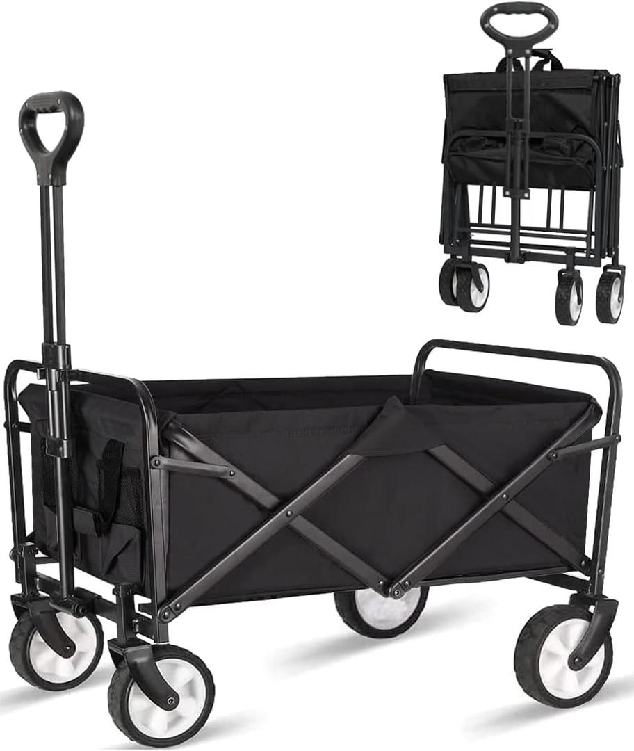 iHomey Collapsible Foldable Cart, Beach Cart Large Capacity, Heavy Duty Folding Wagon Portable, Collapsible Wagon for Sports, Shopping, Camping (Black) (Matte Black)