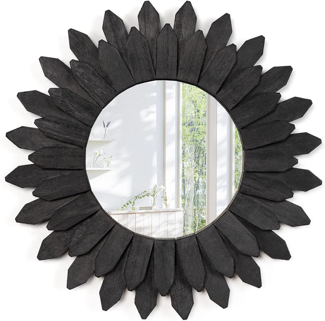Wall Mirror 12 inch Rustic Wood Sunburst Boho Mirror Farmhouse Wall Decor Room Decor Home Decor for Bedroom Living Room Entryway (Vintage Black) (12"L x 12"W)