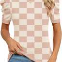 AKEWEI Puff Short Sleeve Sweater for Women Tops Trendy Spring Summer 2025 Business Casual Outfits Knit Crewneck Shirt Blouses (Large, Khaki Plaid)