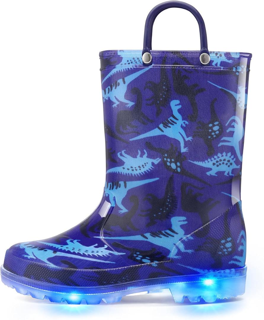 K KomForme Kids Rain Boots, Waterproof Light up Boots with Easy-on Handles (3 Big Kid, Blue Dinosaur)