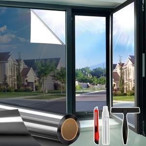 One Way Window Privacy Film See Out Not in, Window Tint for Home, Reflective Mirror Glass Windows Coverings Sun Heat UV Blocking, Black-Silver, 23.6 Inch x 157.4"