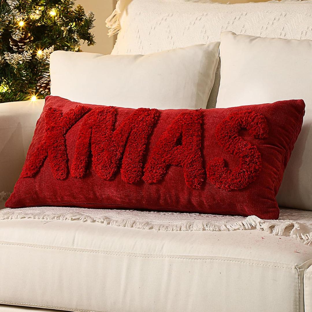 Peryiter Red Christmas Pillow Cover 12 x 24 Inch Xmas Tufting Embroidery Christmas Decor Rectangle Throw Lumbar Pillow Case Chenille Fabric Decorative Holiday Cushion Cover for Home Couch Sofa Room