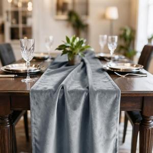 Hahuho Velvet Table Runner 10ft Extra Long,Grey Soft Luxury Table Runner 20x120 inch for Christmas Thanksgiving Wedding New Year Party Table Decorations