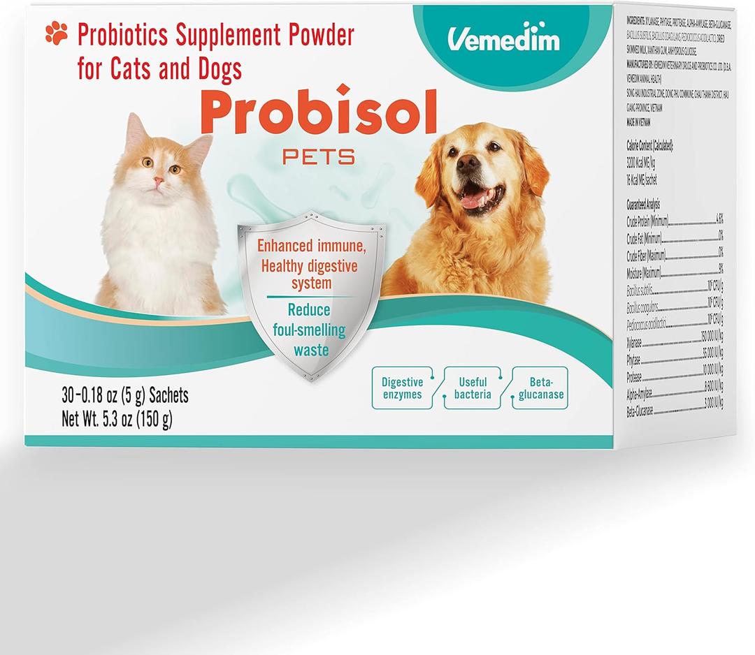 Vemedim Probisol Pets, Probiotic Powder for Dogs and Cats, Helps Support A Healthy Immune, Digestive System, Decrease Foul-Smelling Waste, Better Digestion/Milk Flavored/ 5.3oz (150g)-30 Packets (EXP 11-2026)