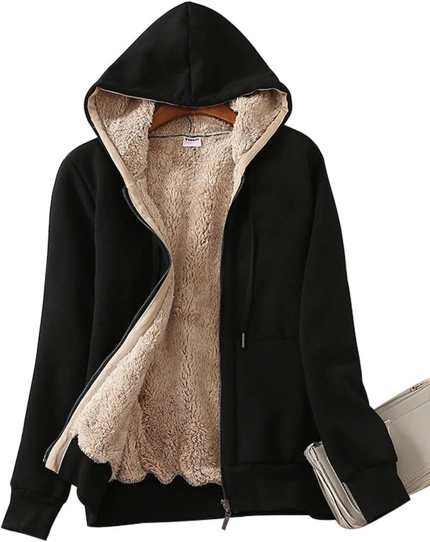 Yeokou Women's Casual Full Zip Up Sherpa Lined Hoodie Sweatshirt Jacket Coat (Medium, Black)