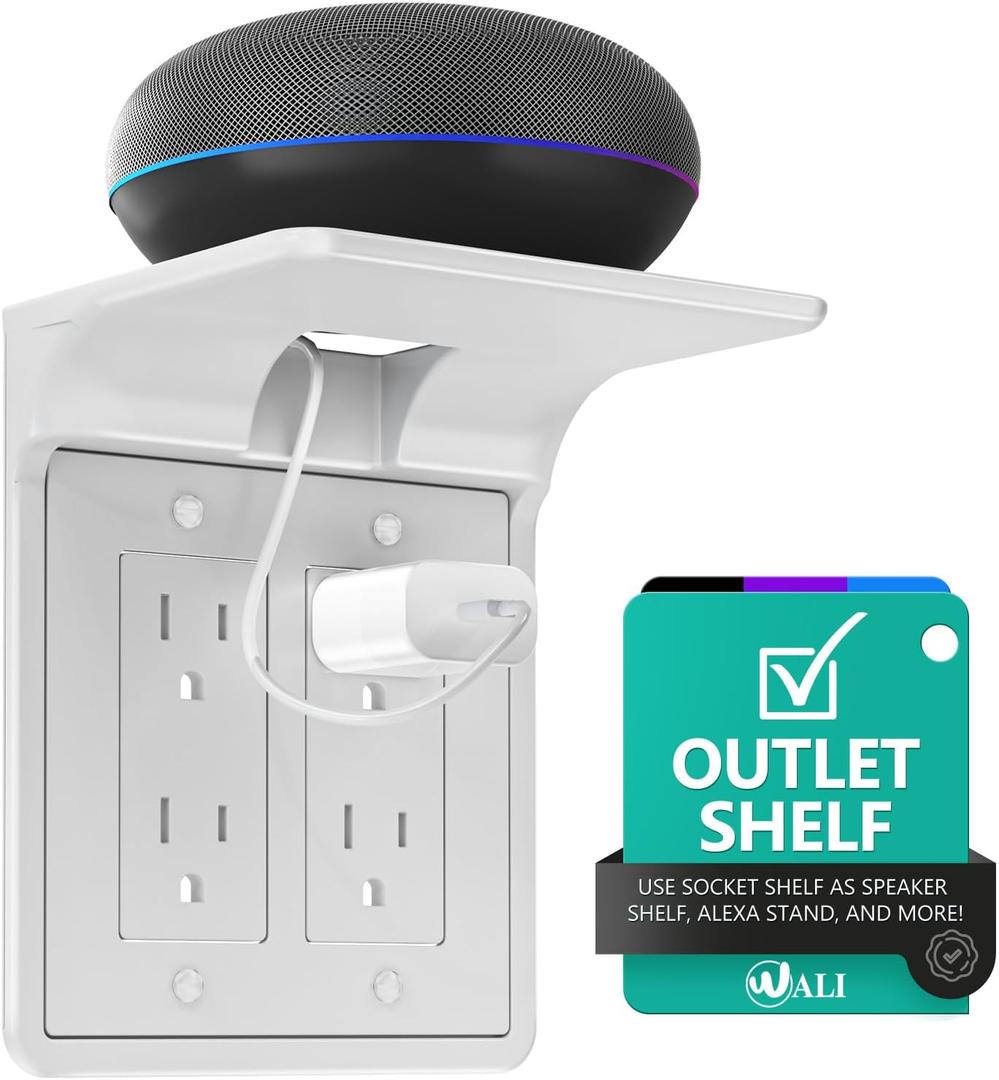 WALI Double Outlet Shelf Wall Holder Bathroom Shelf Duplex for Electric Toothbrush, HomePod Mini, Echo Dot & Phone Charging White (DLS001)