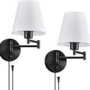 VONLUCE Wall Sconce Set of 2, Plug in & Hardwired Swing Arm Wall Lamps, Adjustable Wall Mounted Lighting Fixtures, Modern Wall Lights with Black Base White Fabric Shade for Bedside, Hallway, Study (Swing Arm of 2 Pack, Black)