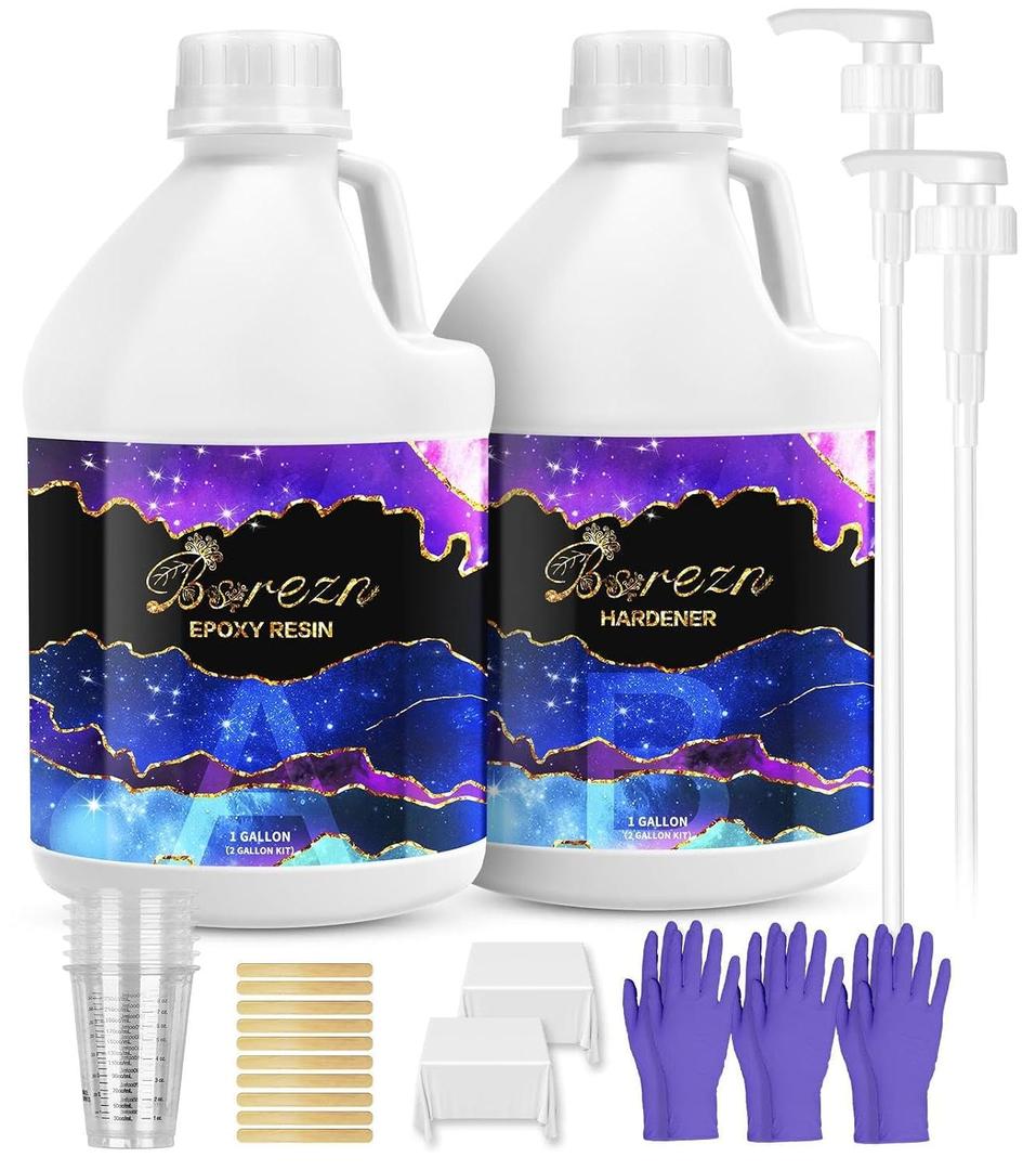Bsrezn 2 Gallon Epoxy Resin Kit with Pumps Crystal Clear, Bubble-Free, No Yellowing, Self-Leveling, Mix 1:1 Epoxy Resin for Art, Crafts, Wood, and Resin Molds (1 Gallon x 2)