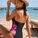 SUUKSESS Women Sexy Tummy Control One Piece Swimsuits Halter Push Up Monokini Bathing Suits (Black Red Floral, L)