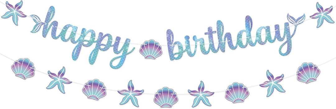 KatchOn, Blue Happy Birthday Banner - 10 Feet, No DIY | Mermaid Birthday party Decorations, Happy Birthday Sign | Mermaid Birthday Banner for Under The Sea Party Decorations Iridescent Blue