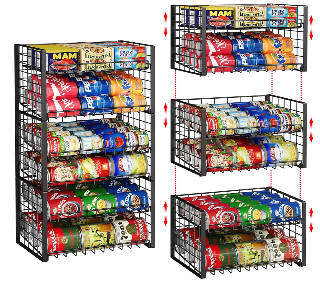 3-Pack Stackable Can Rack Organizer, Adjustable Can Holder for Pantry | 2-Tier Rolling Can Dispenser Holds Up to 90 Cans, Canned Food Storage Organizer for Kitchen Cabinet, Black