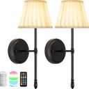 Battery Operated Wall Sconces Set of 2Wireless Black Wall Lights with 10000mAh Dimmable Led Bulds and Remote, Rechargeable Fabric Wall Mounted Lamp for Bedroom, Living Room, Hallway