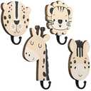 Qunclay 4 Pcs Safari Animal Wall Hooks for Kids, Wooden Jungle Baby Safari Nursery Decor Hooks, Cute Lion Zebra Giraffe Hanger for Childs Nursery Bathroom Bedroom Home Decor