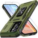 DEERLAMN Case for Samsung Galaxy S24 FE 6.7-Inch with Slide Camera Cover+Screen Protector(1 Pack), Rotated Ring Kickstand Military Grade Shockproof Protective Cover-Olive Green
