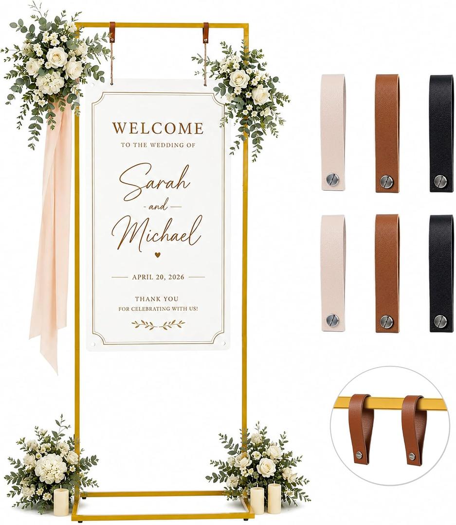 Wedding Welcome Sign Stand, 79" Extra-Tall Height - Gold Metal Sign Holder with 6 Leather Straps, Easel Stand for Seating Charts & Event Décor