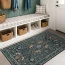 Vintage Large Entryway Rugs Indoor, 3x5 Washable Blue and Green Floral Rugs for Kitchen Floor, Bedroom Beside Bed, Non-Slip & Low Pile Stain Resistant Laundry Carpet with Plant & Bird Pattern