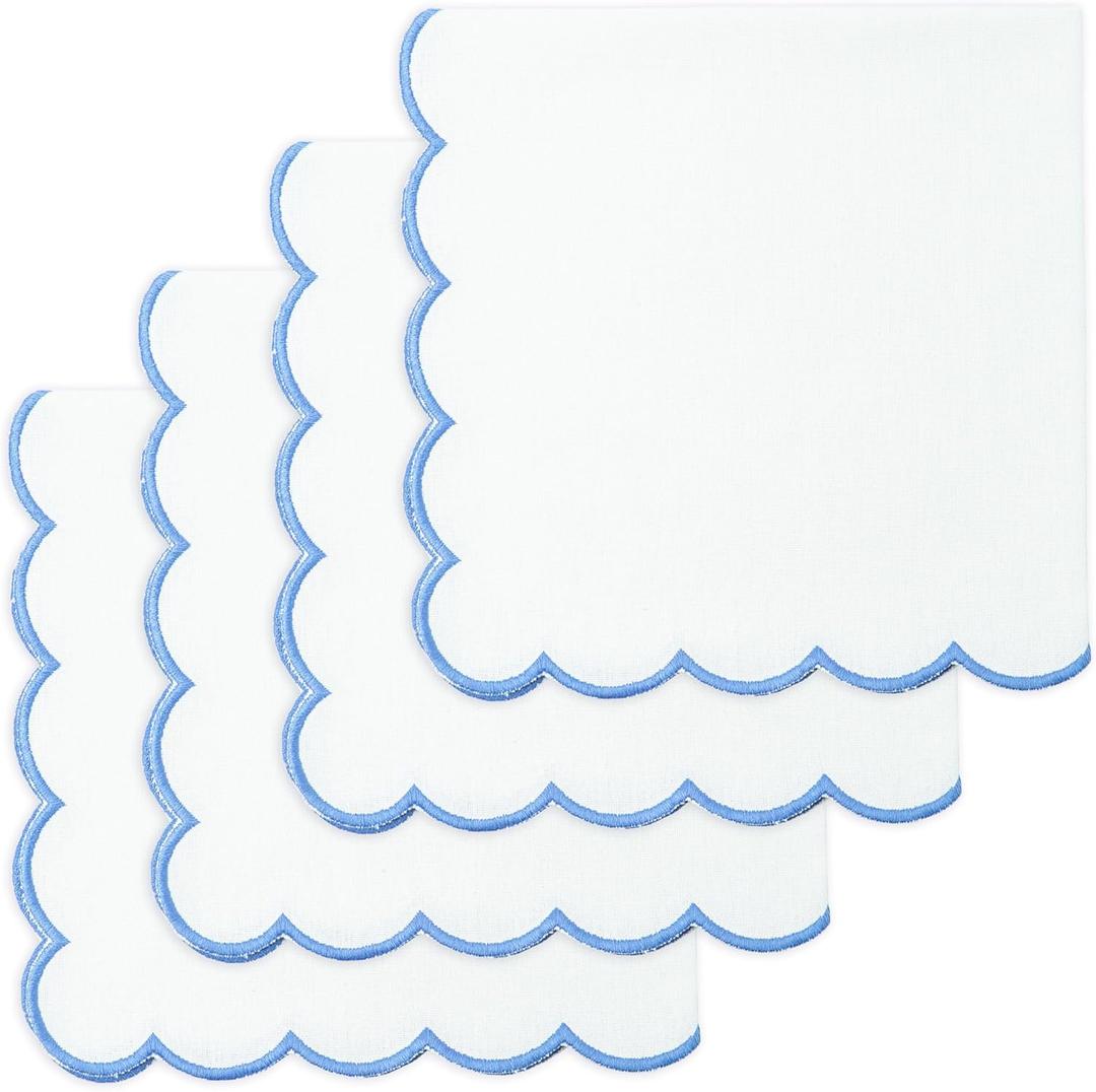 PurpleEssences Scalloped Embroidery Cloth Napkins Table Decor Fall Thanksgiving 100% Cotton Set of 4-18 x 18 inch - White - Edges - Light Blue