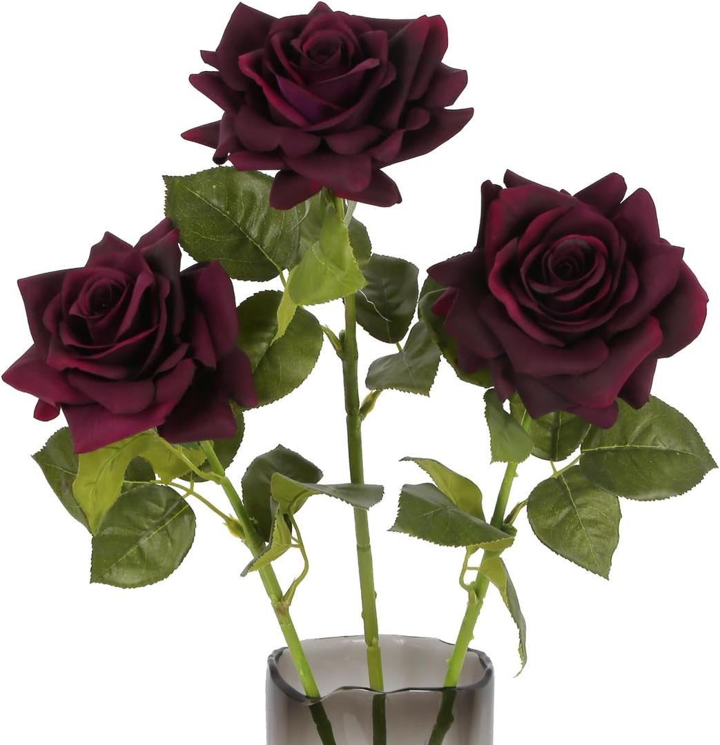 3PCS Burgundy Roses Artificial Flowers 4.72" Large Real Touch Fake Rose 25.6" Long Stem Silk Rose Latex Flower for Wedding Bridal Bouquet Home Party Garden Decor(Burgundy)