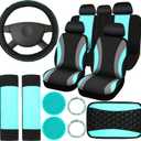 Sinmoe 17 Pcs Car Seat Covers Full Set, Steering Wheel Cover Center Console Pad Armrest Cover Seat Safety Belt Pad Seatbelt Covers Cup Mats Car Emblem Ring Sticker Accessories Set(Black, Mint)