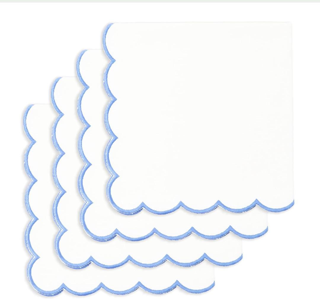 PurpleEssences Scalloped Embroidery Cloth Napkins - Spring Easter Summer - Table Decor - 100% Cotton - Set of 4-18x18 inch - White - Edges - Light Blue