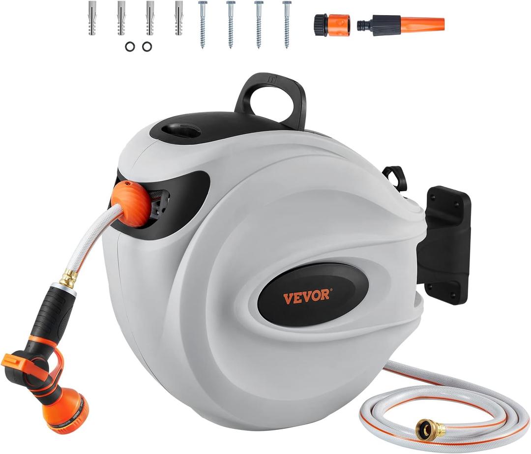 VEVOR Retractable Hose Reel, 65 ft x 5/8 inch, 180 Swivel Bracket Wall-Mounted, Garden Water Hose Reel with 9-Pattern Nozzle, Automatic Rewind, Lock at Any Length, and Slow Return System