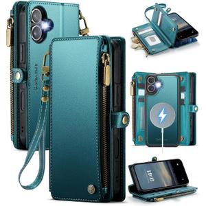 Defencase for iPhone 17 Magnetic Wallet Case Compatible with Magsafe with RFID Blocking Zipper Pocket & Card Holder for Women Men PU Leather Strap Detachable Case for iPhone 17 (6.3 inch), Blue Green