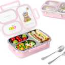 SAYAPE Stainless Steel Bento Lunch Box for Kids, 26.4 oz Leak-Proof 3-Compartment Metal Bento Box, BPA-Free, Cute Cartoon Meal Prep Snack Container with Utensils for School, Office, Travel - Pink