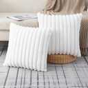 ZLINA Set of 2 Cream White Faux Fur Decorative Throw Pillow Covers Fluffy Striped Pillowcase Cushion Covers 18 x 18 Inch Decor Sofa Couch Bedroom
